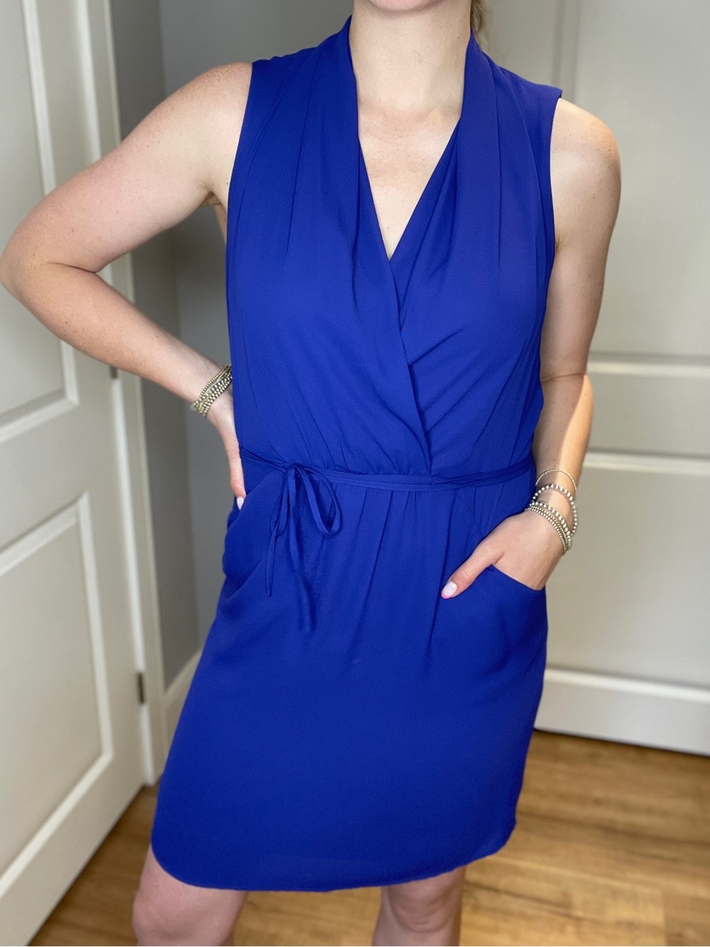 RW&Co Sleeveless Cobalt Blue Faux Wrap-Front Dress